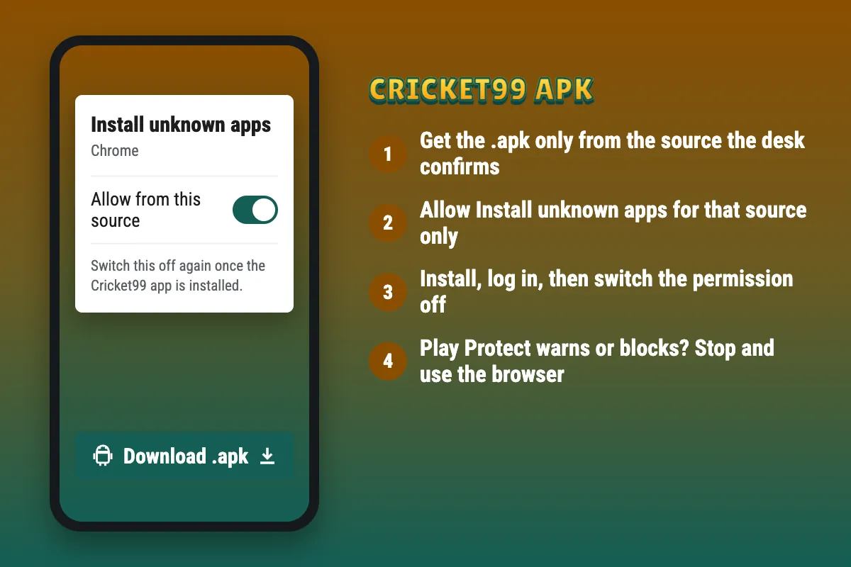 Cricket99 APK install on Android: confirmed source only, stop if Play Protect warns