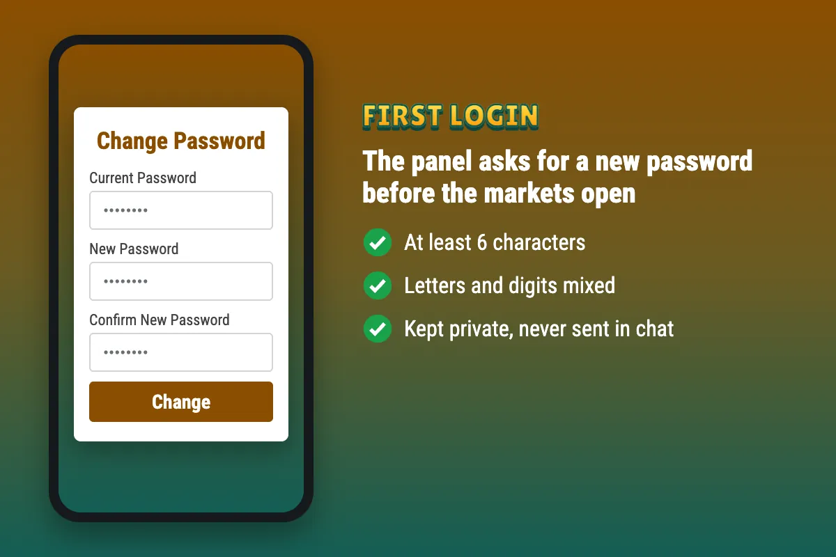 Cricket99 first login change password screen, at least 6 characters