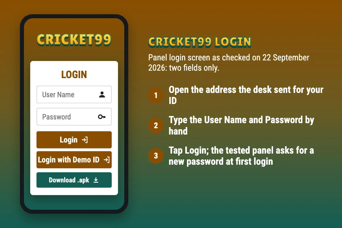 Cricket99 login screen checked 22 September 2026: User Name, Password, Login, Login with Demo ID, Download .apk