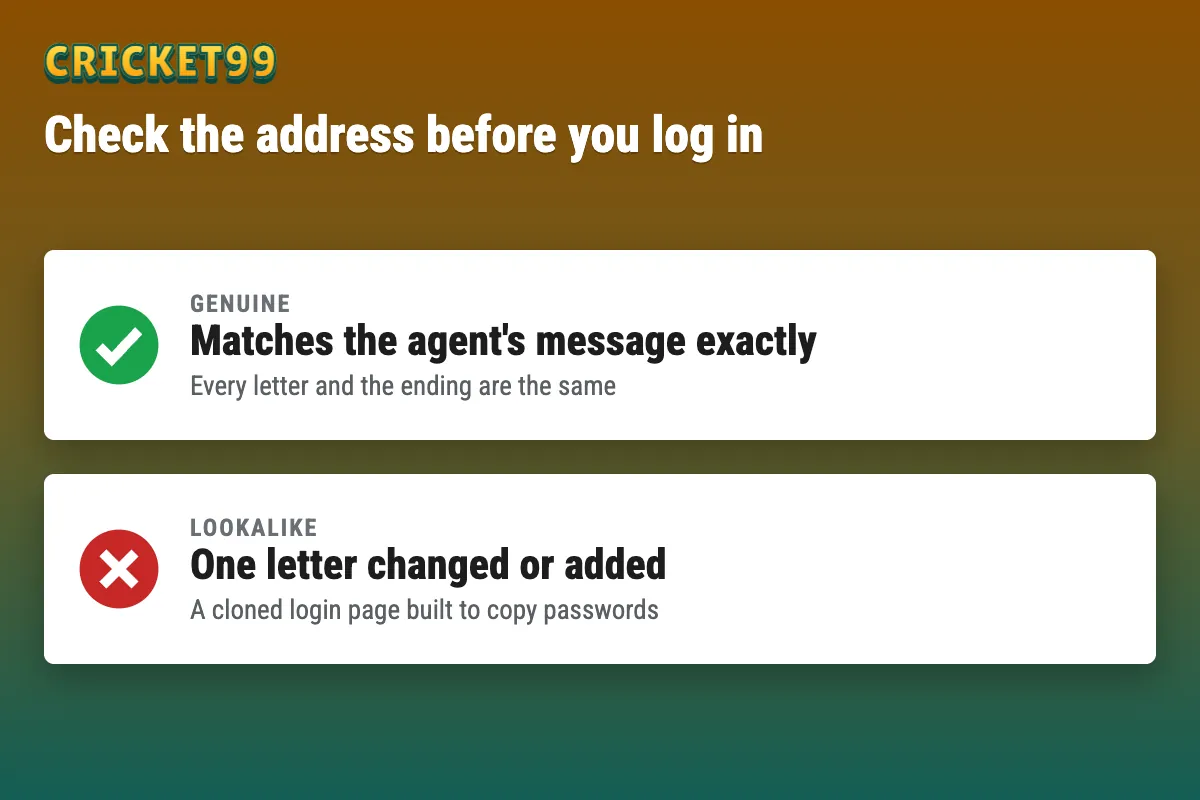 Cricket99 login address check: genuine address versus lookalike