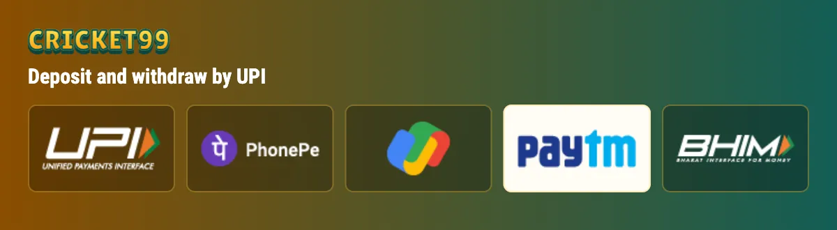 Cricket99 deposit by UPI, PhonePe, Google Pay, Paytm and BHIM